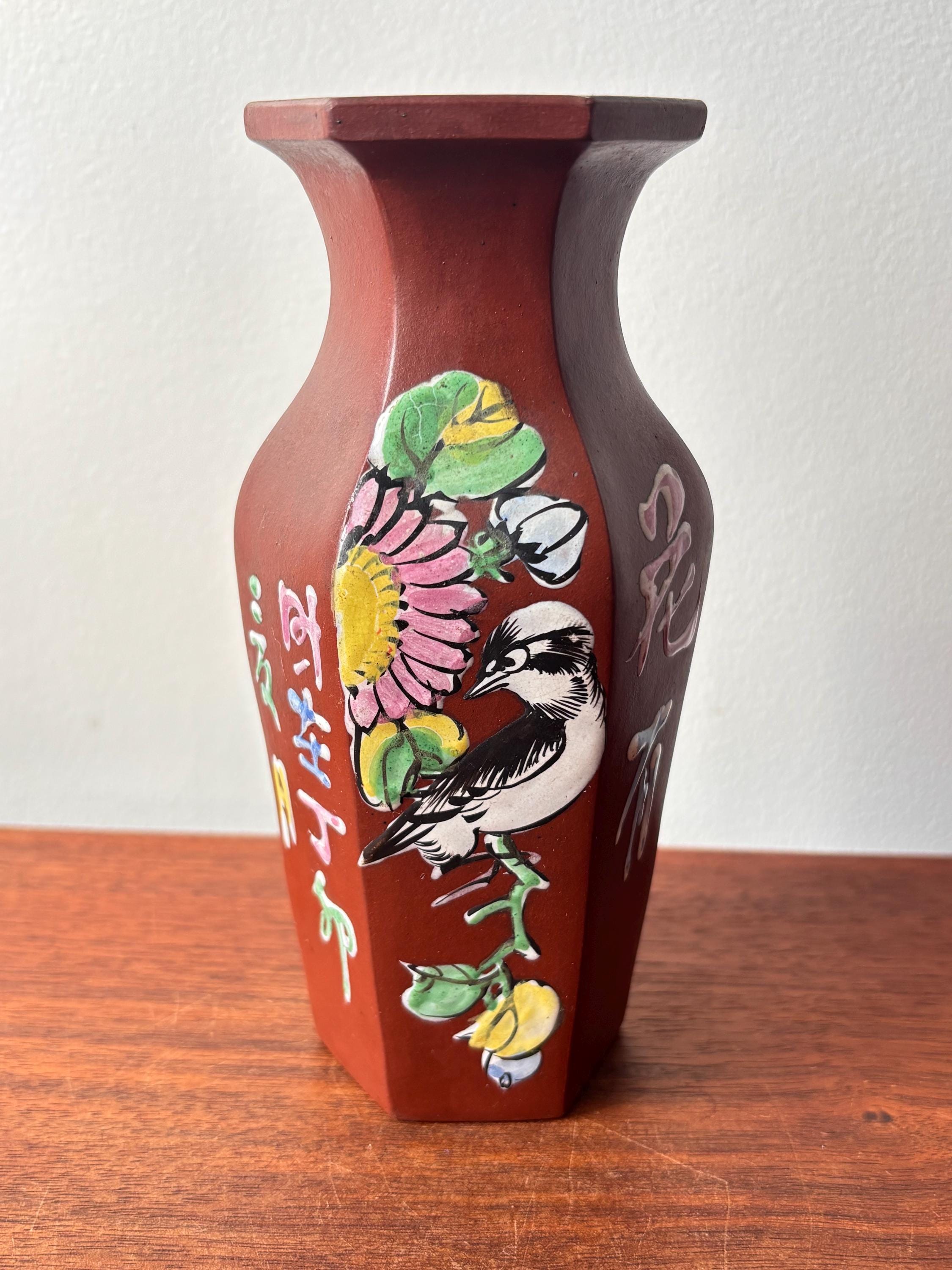 みーしゃです Antique Chinese Yixing Clay Enamelled Flower & Bird Vase, Zisha