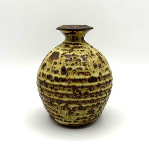 Vintage Studio Art Pottery Brown and Yellow Ripple Glaze Stoneware Vase, Artist Vase