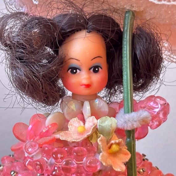 Vintage Kitschy Pink Beaded Push Pin Art Doll, Brunette With Pink