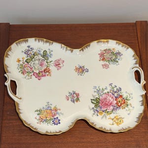 Vintage Large Porcelain Handpainted Floral Handled Serving Vanity Tray, Limoges France  Painted Floral Bouqet Tray Gold Gilt Trim 16” x 13”