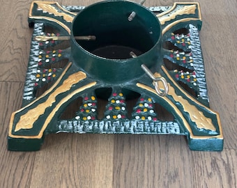 Soporte para árbol de Navidad de metal de hierro fundido estilo arte popular vintage, pintado a mano en verde y dorado
