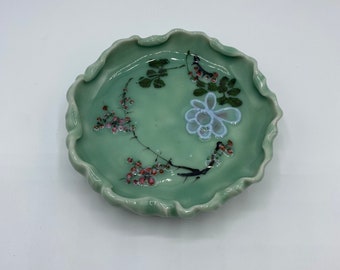 Japanese Seto Bowl Celadon Pottery Pinch Bowl with Cherry Blossom Design