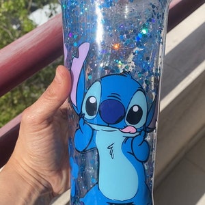 handmade personalized Blue Stitch Snowglobe glitter with lid and straw tumbler cup