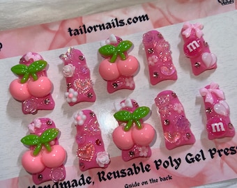 Y2K pink junk nails | poly gel duck nails | duck feet pink kawaii charm nails | custom reusable pressons