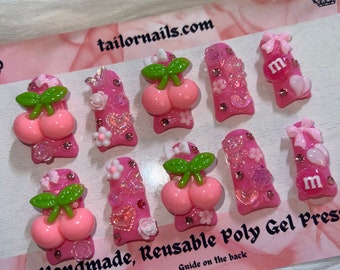 Uñas postizas rosas estilo Y2K / Uñas de pato con encanto de cereza