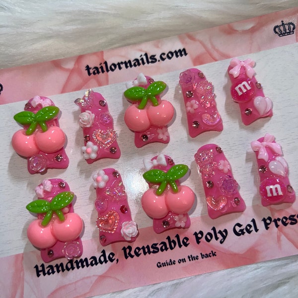 Y2K pink junk nails | poly gel duck nails | duck feet pink kawaii charm nails | custom reusable pressons