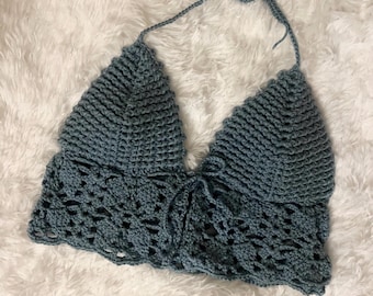 Powder Blue Crochet Women’s Halter Top | Open Back front and neck tie closure | handmade summer lace bikini top | custom sizing