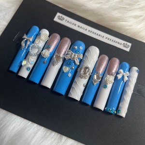 XL Kawaii Blue and White French Tip Presson Nails | Poly Gel Reusable Pressons | Silver Charms Rhinestone Glitter Nails | Custom Handmade