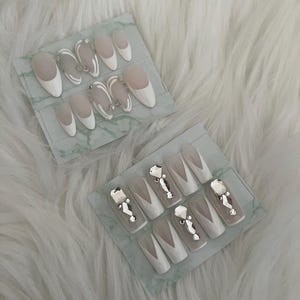 Bridal Nails (choose your style) French Tip Etheral Presson Nails | French tip almond square medium length reusable pressons | rhinestones