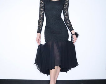 90s SHELLI SEGAL Black Lace Gown (S)
