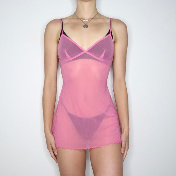 Y2K Pink Mesh Lingerie Mini Dress (S) - image 1