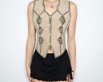 90s Khaki Suede Crochet Vest (Medium)