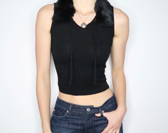 90s Rabbit Fur Trim Black Tank Top (XS/S)