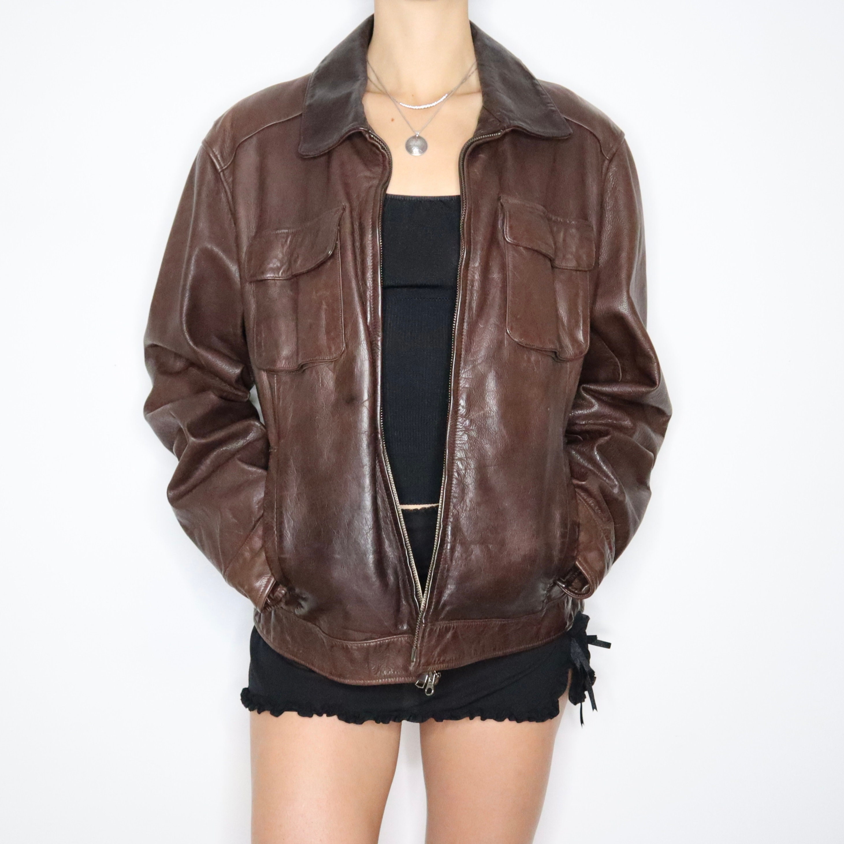 90s Oversized Brown Leather Jacket LXL Etsy