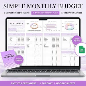 Op de afbeelding: Een laptop toont een digitaal maandelijks budgetsjabloon met de tekst "SIMPLE MONTHLY BUDGET". Het scherm toont financiële planningsdiagrammen en -grafieken. Een klein paars "FINANCIAL PLANNER" boekje ligt ernaast. De tekst luidt "EASY FOR BEGINNERS | 1 TAB ONLY | GOOGLE SHEETS."
