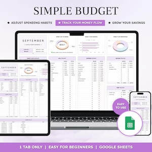 Op de afbeelding: Een digitale budgetplanner weergegeven op een laptop, tablet en smartphone. De schermen tonen een spreadsheet met de titel "Simple Budget" en de maand "September". De tekst bevat "Bestedingsgewoonten aanpassen", "Uw geldstroom volgen" en "Uw spaargeld laten groeien".