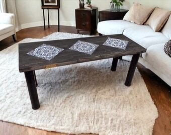 Wooden Coffee Table, Refurbished Rustic Furniture, Tiled Coffee Table, Antique Table, Reclaimed Furniture and Decor, Low Coffee Table