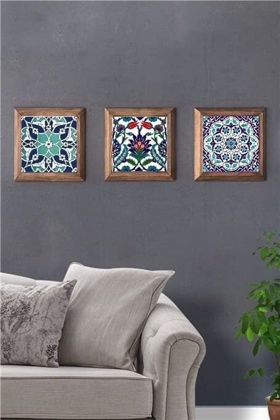 3 Piece Tile Wall Art Turkish Tile Wall Decor Wooden Framed Etsy