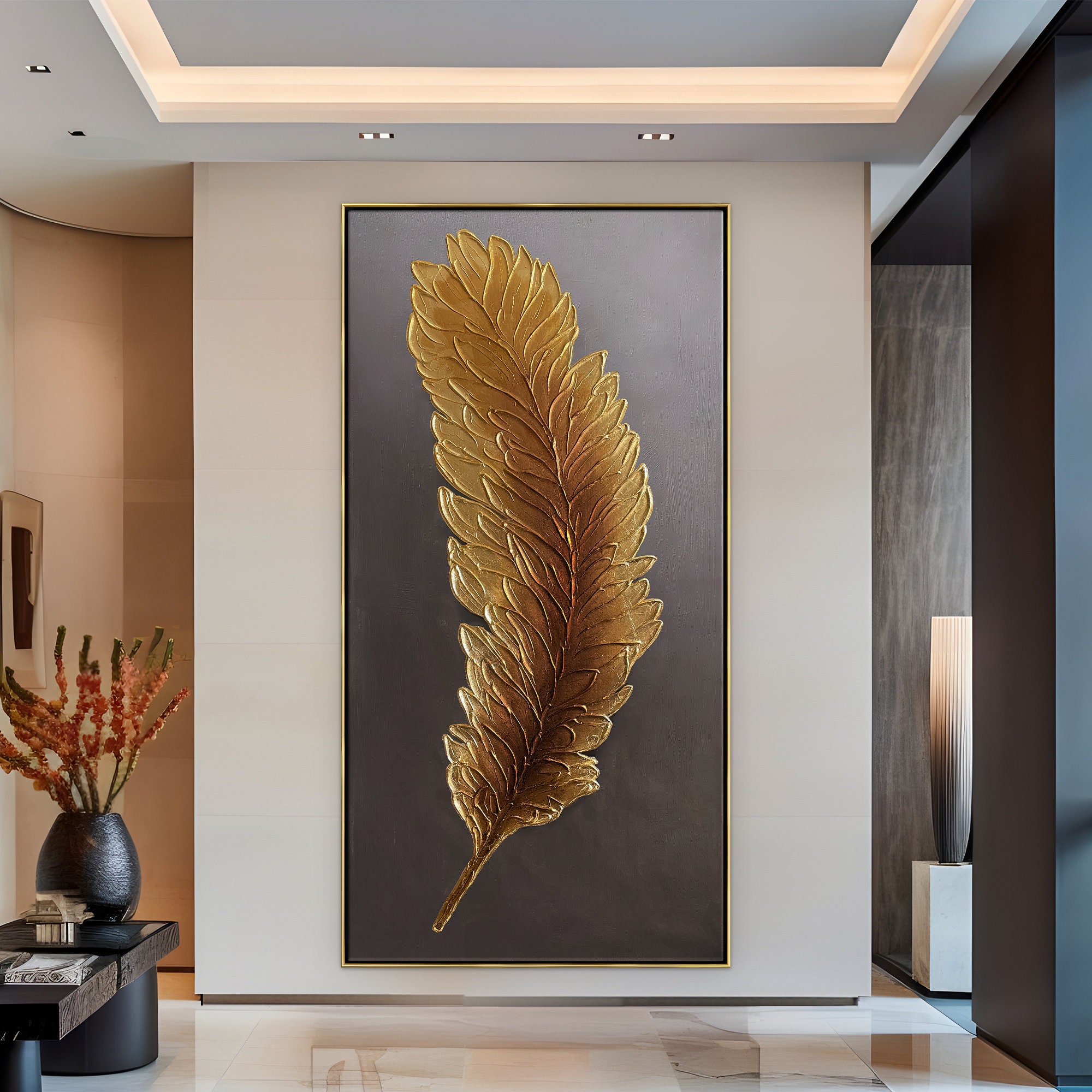 Gold Feather Pair on Silver | Large Solid-Faced Canvas Wall Art Print | Great Big Canvas