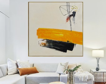 Painting On Canvas Original Art Abstract Wall Art - Orange Black Color Square Oil Painting Colorful Wall Art - Canvas Wall Art Bedroom Decor
