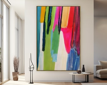 Abstract Wall Art Modern Wall Art for Unique Home Decor - Rays of Colors Green Pick Original Painting Minimalist Wall Art for Home Decor