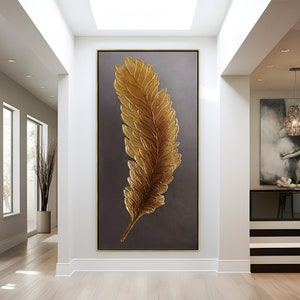 Golden Feather Vertical Wall Art Painting, Unique Abstract Oil Painting For Home Decor, Canvas Original Painting