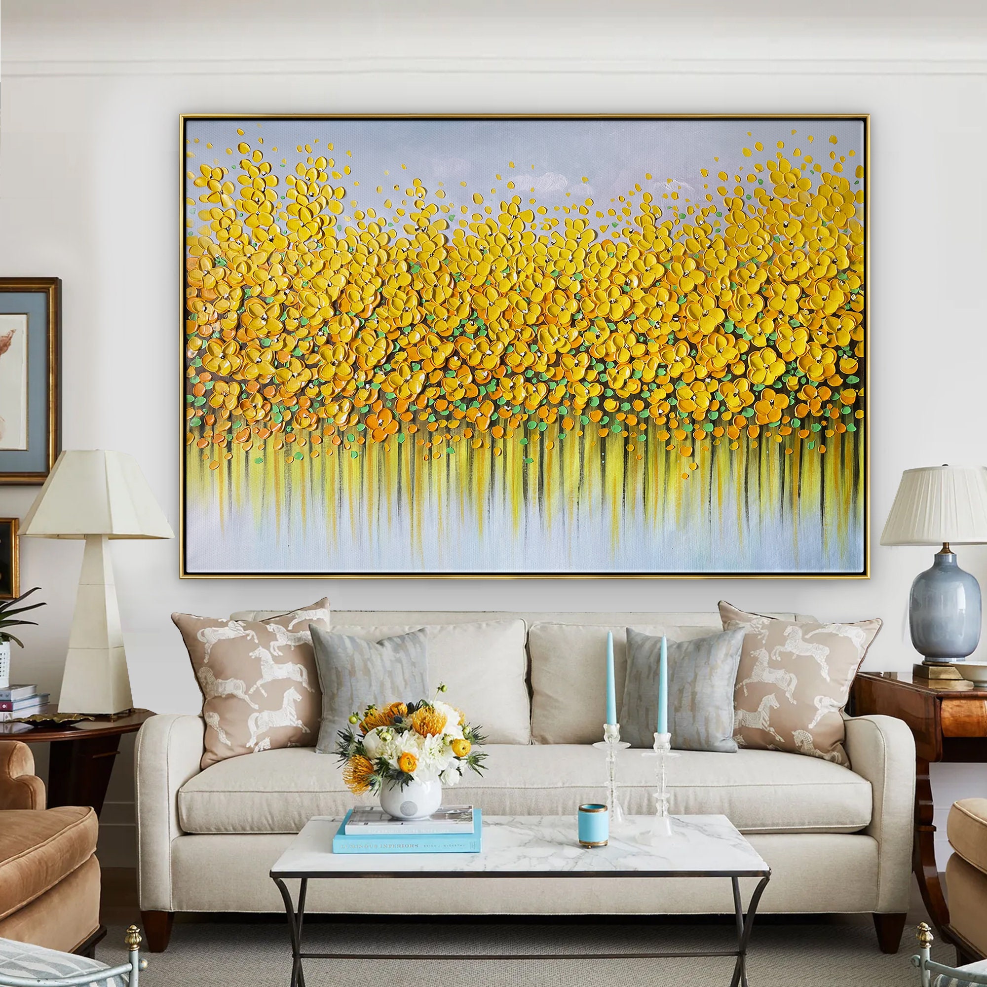Golden Lilies Flower Wall Art Original Painting Canvas Wall Art Flower Painting Modern Home