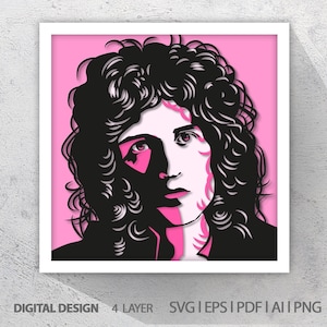 Queen Brian May, 3D Paper Cut Shadow Box Template, SVG Digital Download Files, Shadow Box SVG Digital Download Files, Printable wall art