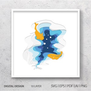 Könnte beinhalten: Ein digitales Design mit zwei gelben Fischen, die in einem blauen und weißen, mehrschichtigen Papier-Cut-Out-Teich schwimmen. Der Teich hat einen dunkelblauen Hintergrund mit weißen Sternen.
