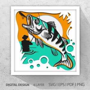 3D 漁師と魚好き、3D ペーパーカット シャドウ ボックス テンプレート、SVG デジタル ダウンロード ファイル、シャドウ ボックス SVG デジタル ダウンロード ファイル、ライトボックス