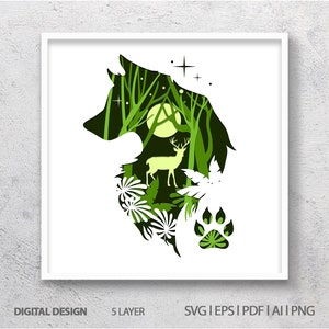 3D Wolf Forest Paper Cut Shadow Box Template (SVG Digital Download)