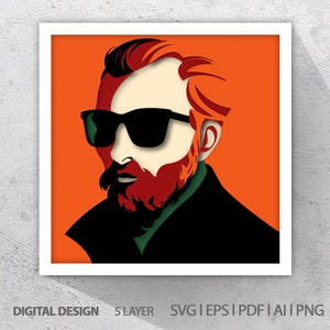 May include: A digital illustration of a person with red hair wearing sunglasses and a black jacket. The background is orange.