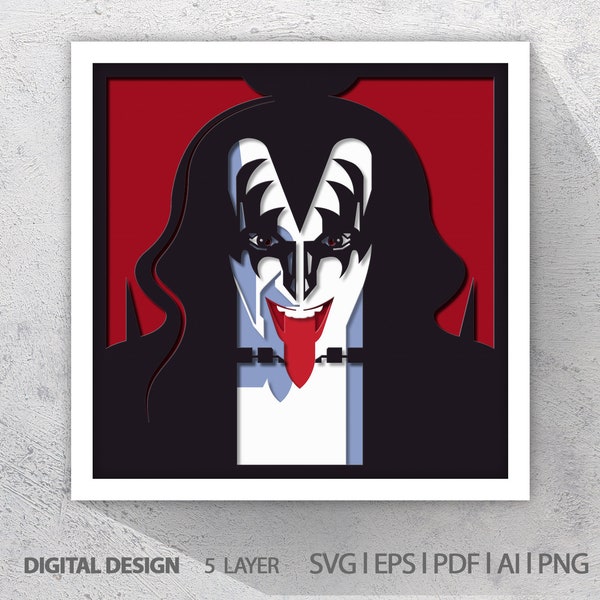 Gene Simmons, Kiss, metal, 3D Paper Cut Shadow Box Template, SVG Digital Download Files, Shadow Box SVG Digital Download Files, Lightbox Gene Simmons, Kiss, metal, 3D Paper Cut Shadow Box Template, SVG Digital Download Files, Shadow Box SVG Digital Download Files, Lightbox