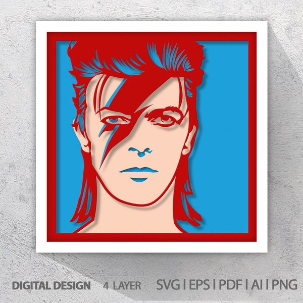 Modello di scatola ombreggiata in carta ritagliata 3D di David Bowie (download digitale SVG)