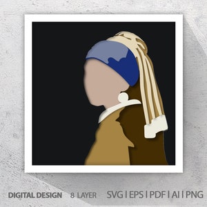 La joven de la perla de Vermeer: Caja de sombras recortada en papel 3D (descarga digital SVG)