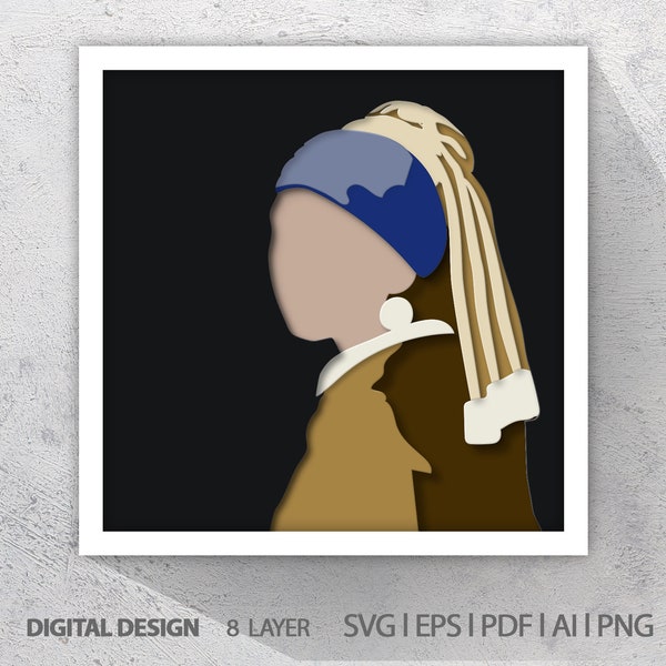 Ragazza con l'orecchino di perla di Vermeer: scatola con ombre in carta tagliata 3D (download digitale SVG)