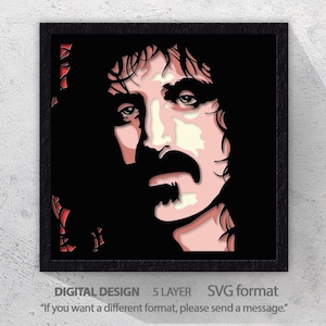 May include: A framed, multi-layered digital art print featuring a stylized portrait of a man with a prominent mustache. The artwork uses shades of black, pink, and cream. The text at the bottom reads "DIGITAL DESIGN 5 LAYER SVG format".
