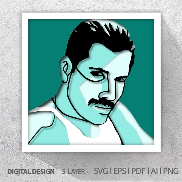 3D Freddie Mercury, Queen, 3D Paper Cut Shadow Box Template, SVG Digital Download Files, Shadow Box SVG Digital Download Files, Lightbox