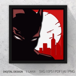 Puede incluir: Un diseño de papel cortado en capas, en negro y rojo, que representa a un superhéroe con una ciudad y una luna en el fondo.