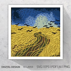 3D Van Gogh, Wheatfield with Crows, Art,  3D Paper Cut Shadow Box Template, SVG Digital Download Files, Shadow Box, Lightbox