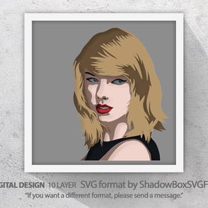 Peut inclure: Une impression d'art numérique encadrée représentant une femme aux cheveux blonds, aux yeux bleus et aux lèvres rouges. L'œuvre est placée sur un fond gris. Le texte en bas indique "DIGITAL DESIGN 10 LAYER SVG format by ShadowBoxSVGFiles".