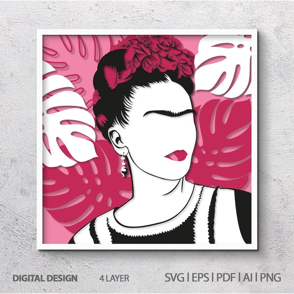 3D Frida Kahlo, 3D Paper Cut Shadow Box Template, SVG Digital Download Files, Shadow Box SVG Digital Download Files, Lightbox