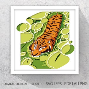 Tijger op zoek naar iets tussen lotusbloemen in het meer, 3D SVG DOWNLOAD