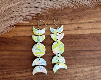 Dangle Earrings, Pastel Rainbow Stained Glass, Gift For Her, Lightweight Handmade Polymer Clay Earrings, Moon Phase Earrings