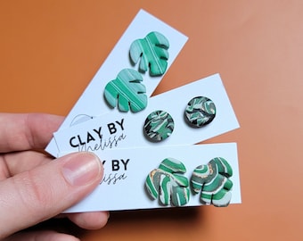 Handmade Monstera Leaf Stud Earrings, Green Marble Polymer Clay Jewelry