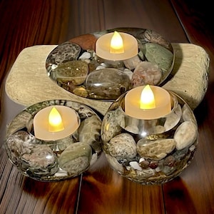 Candle Holders made with Michigan Petoskey, fossil, and stones.