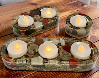 Resin Stone Candle Holder | Lake Michigan Fossils & Stones | Beach Gift | Rock Gift | Petoskey