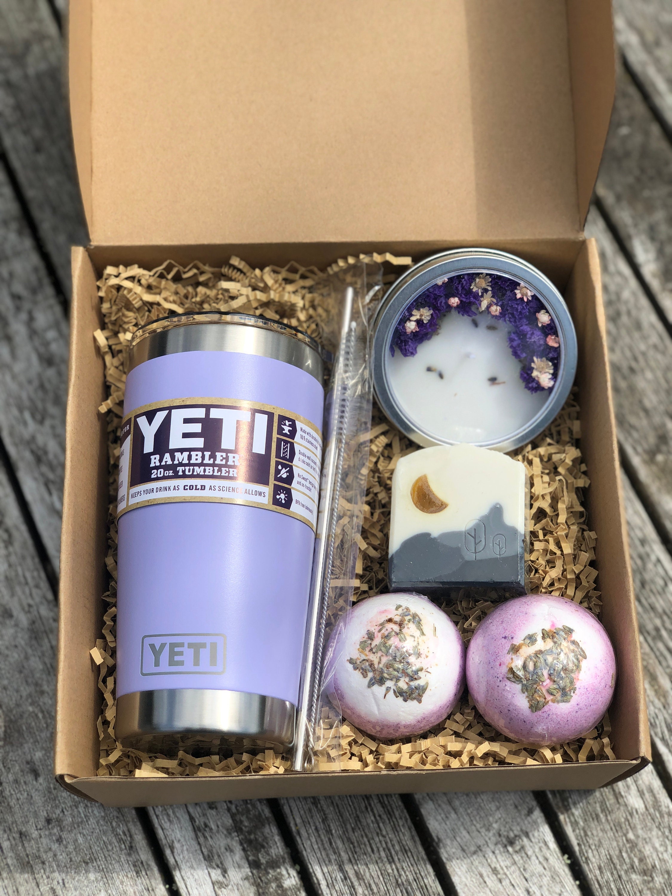 Peak Purple Yeti Tumbler Pampering Bath and Body Gift Set 6 Piece  Personalized 20oz Rambler Bath Bombs Handmade Soap 