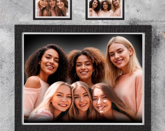 May include: A framed photograph of six women smiling at the camera. The photo is in a black frame with a textured surface. The text "READY IN 12 HOURS" is printed below the frame.