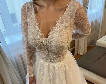 Lace Bodice Tulle Ball Gown, Long Sleeve Romantic Wedding Dress